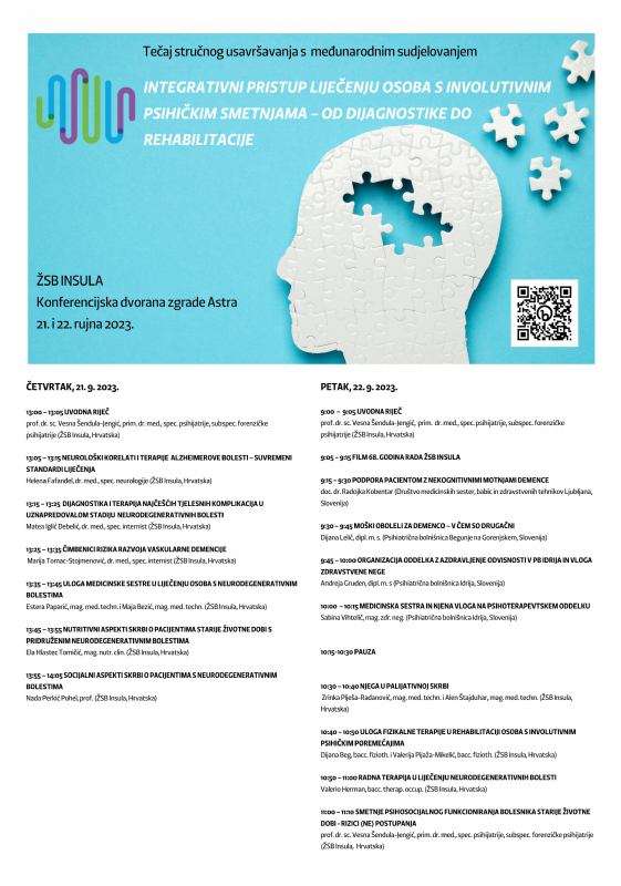 21. i 22. 9. 2023. Integrativni pristup liječenju osoba s involutivnim psihičkim smetnjama – od dijagnostike do rehabilitacije - 